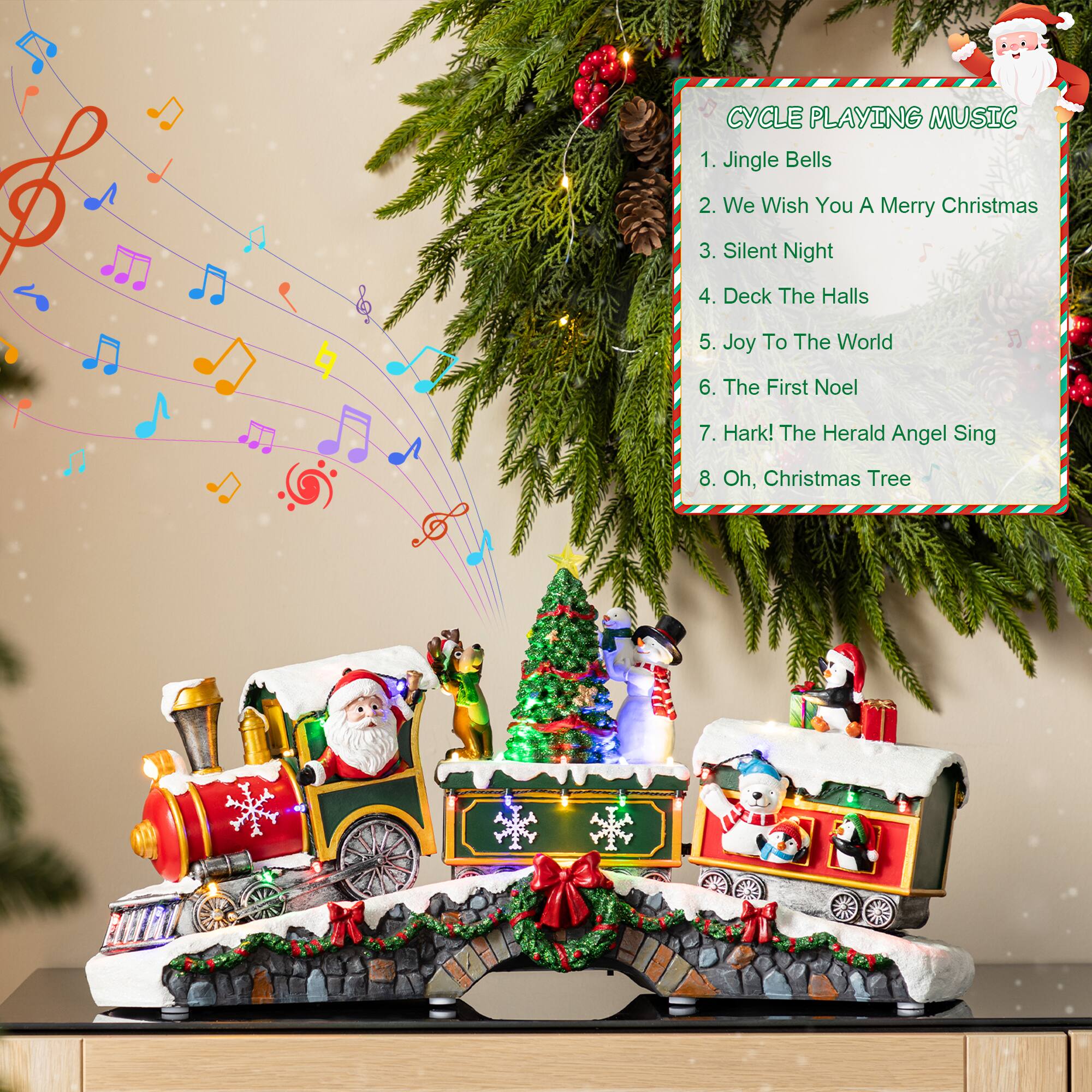 Glitzhome® 20" Lighted Christmas Santa Train Resin Village with Movement and Music